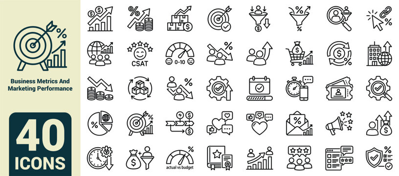 Business Metrics and Marketing Performance Line Icons Set &ndash; Sales Funnel, Customer Satisfaction CSAT, Financial Analytics, ROI Growth, Target Audience, and SEO Strategy