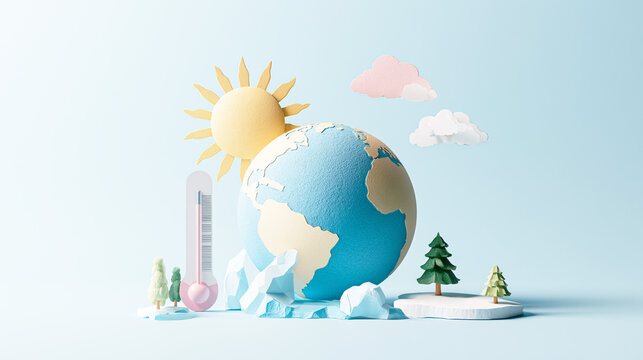 地球と太陽と氷で表現した気候変動と地球温暖化のイラスト
