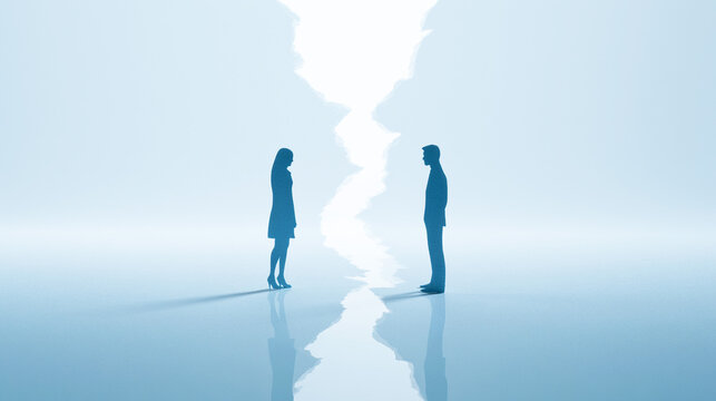 亀裂を挟んで向き合う男女で表現した対立と関係悪化
                        