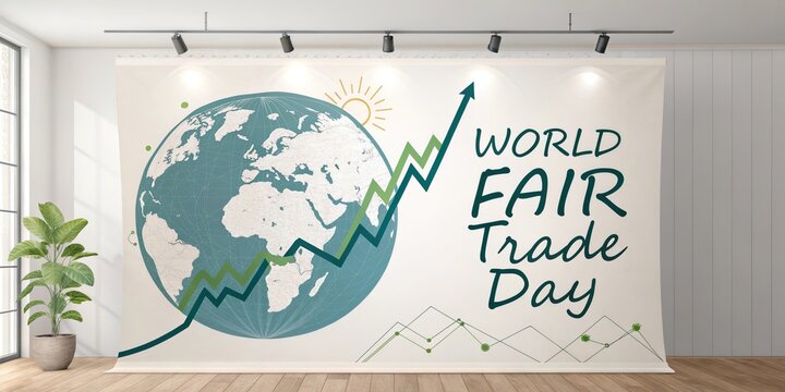 World fair trade day globe and growth chart on desk sustainable economy concept
