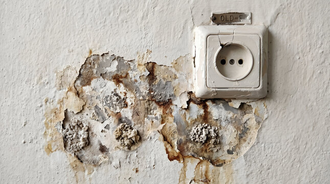 Old Cracked Power Outlet on Damp Peeling Wall with Severe Water Damage Efflorescence and Mold Growth Abandoned House Concept