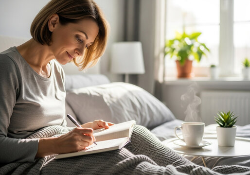 Woman journaling in bed with a smile, surrounded by plants and a cup of tea near a sunlit window. The room feels calm.