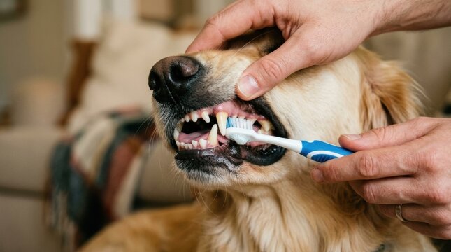 A person brushes a dogs teeth to promote dental health at home in a living room setting in the afternoon with good lighting.