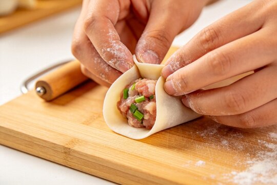 Hands making dumplings with meat and green onions