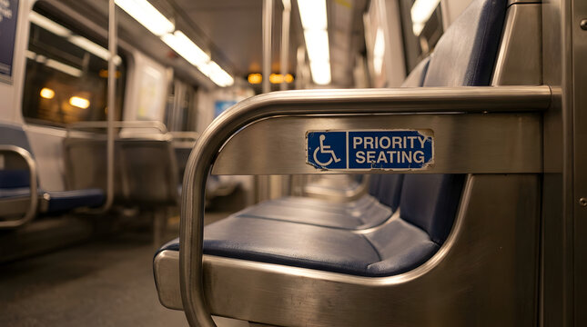 Empty Priority Seating Area in a Subway Train Interior with Blue Upholstery. Generated with AI