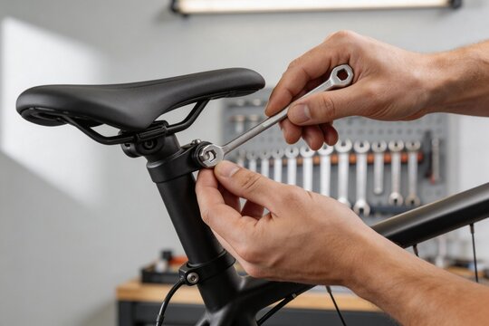 Person fixing bicycle seat with wrench