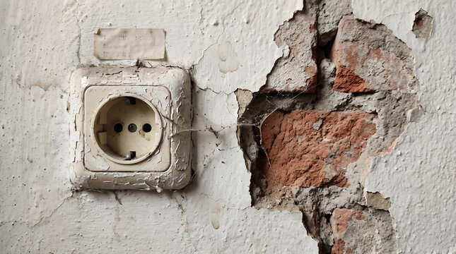 Old Dirty Power Outlet on Cracked Peeling Wall with Exposed Red Bricks and Cobwebs Abandoned House Concept