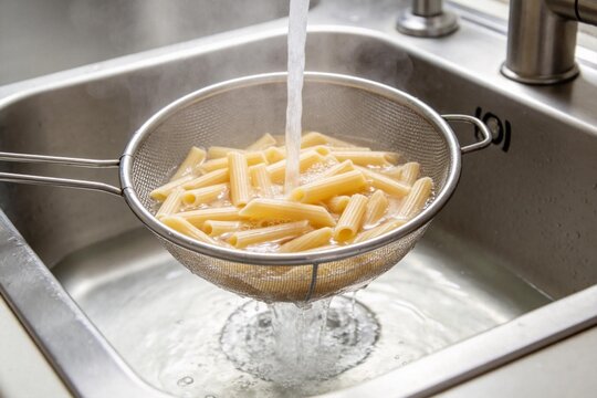 Pasta being rinsed in a strainer