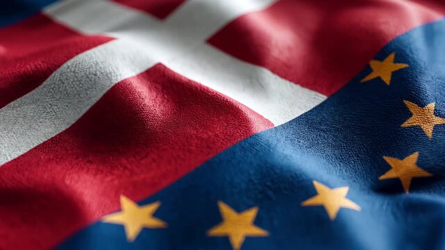 danish flag waving next to eu flag. denmark european union member
