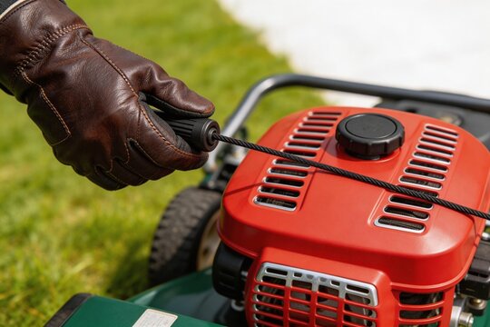 Hand starting a red lawnmower