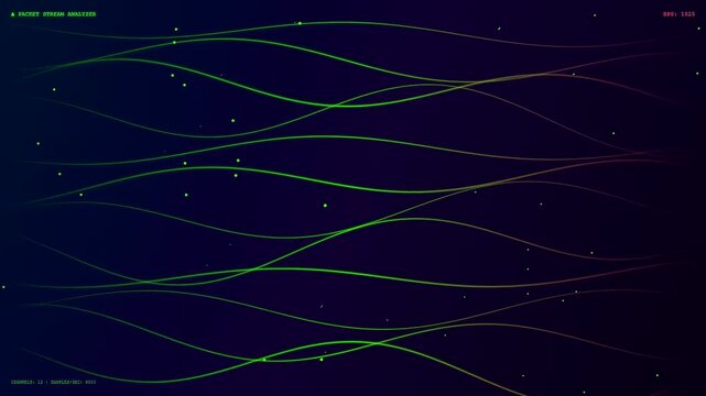 A fluid realtime data streaming simulation showing glowing neon lines moving in wave patterns across a deep dark screen captured in a digital graphical style