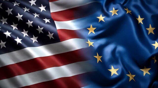 us flag and eu flag waving together. relations between the usa and the european union. cooperation trade partners transatlantic partnership common policies western nations