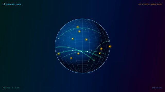 A sophisticated realtime data streaming visual display captures glowing nodes connecting across a dark digital globe to illustrate global network movement through three synchronized rotating screens