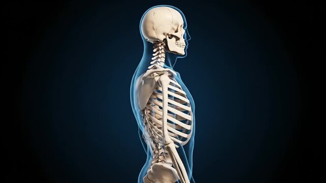 A human skeleton stands upright in profile against a dark background