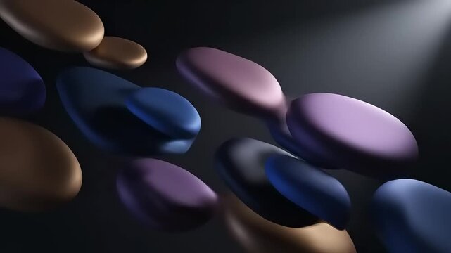 A mesmerizing array of colorful, shiny, smooth stones scattered on a dark surface, reflecting light.
