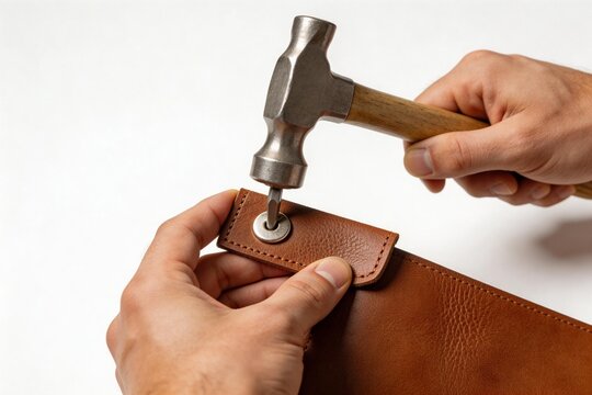 Hands using hammer to attach metal rivet on leather