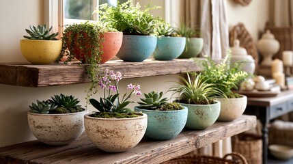 Fototapeta premium colorful handmade cement planters on rustic shelves in cozy home