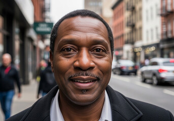 Fototapeta premium Smiling mature man in a suit jacket poses outdoors in an urban setting with city buildings and cars visible in the background. The atmosphere is lively and energetic.
