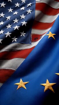 us flag and eu flag waving together. relations between the usa and the european union. cooperation trade partners transatlantic partnership common policies western nations