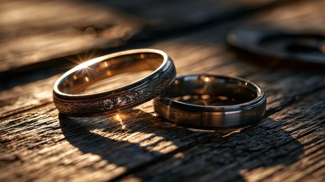 wedding rings on rustic wood symbolizing love commitment and time