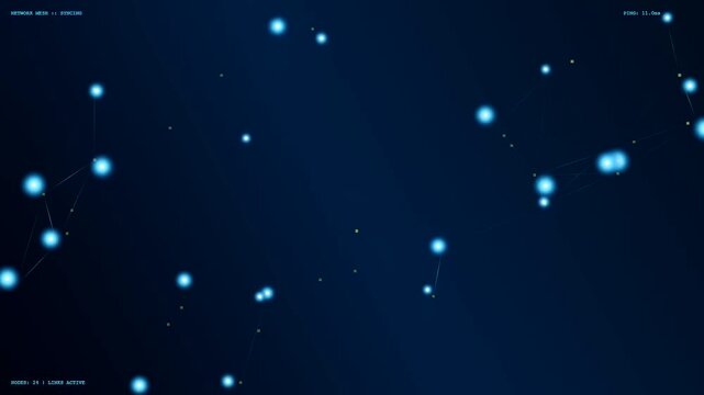Realtime data streaming shows glowing blue dots connected by faint light lines floating across a dark void capturing digital movement in a modern abstract web simulation