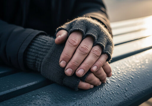A person wearing a striped sweater rests their hands on a wooden surface, fingers gently interlocked in sunlight. The focus is on the hands.