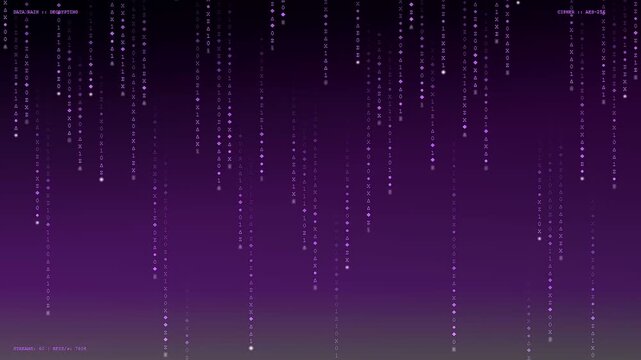 A mesmerizing display of realtime data streaming showing purple binary code falling vertically through dark space creating a mysterious atmosphere of infinite information flowing down