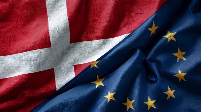 danish flag waving next to eu flag. denmark european union member