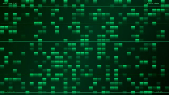 Realtime data streaming flow patterns move across a dark computer screen displaying moving square pulses of neon green light representing information moving through digital network systems