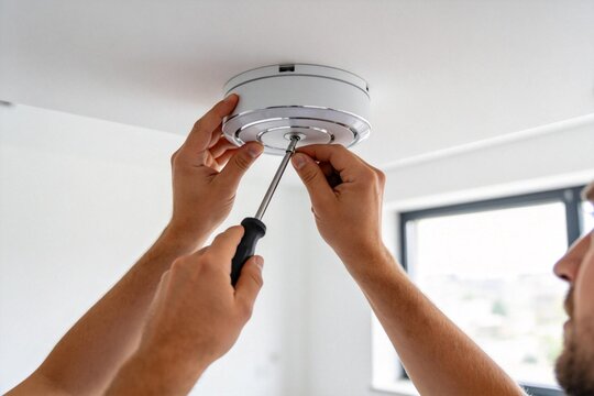 Person installing ceiling smoke detector