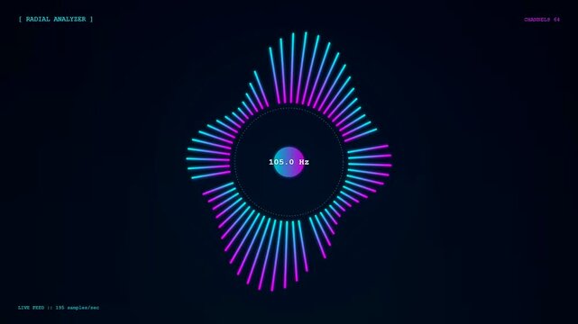A circular radial analyzer visualizing realtime data streaming with rhythmic pulsating light bars moving in sequence across a dark screen display for scientific monitoring software