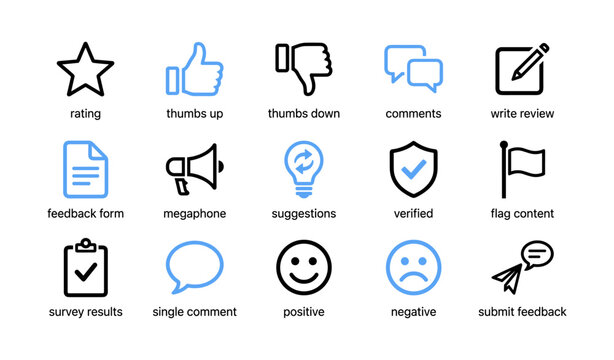 Feedback and rating icons for reviews on white background