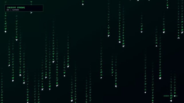 A virtual grid of falling green digital symbols showcasing realtime data streaming in a mysterious dark environment representing the flow of complex encrypted network information