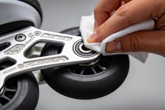 Hand cleaning rollerblade wheel