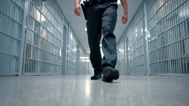 Correctional officer walking through secure prison corridor with barred cells on both sides. Law enforcement patrol inside detention facility with strong security and surveillance