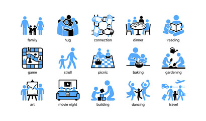 Fototapeta premium Family activity icons showing togetherness and leisure scenes
