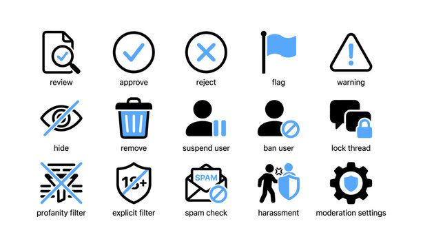 Moderation icons showing review actions and user controls on white