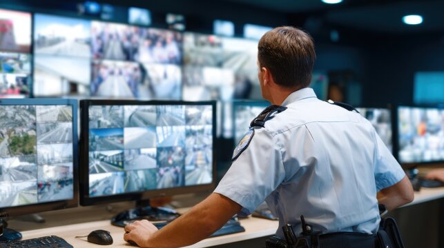Law enforcement officer supervising prison surveillance system in security operations room. Multiple camera feeds monitoring inmate activity and correctional facility areas