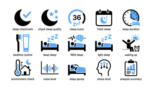 Sleep icons showing metrics and bedtime routines on white