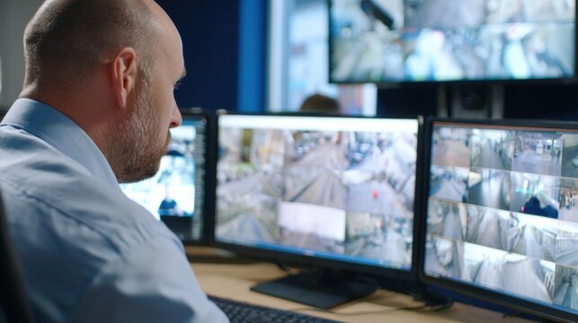 Prison security guard working at surveillance station with multiple CCTV monitors. Modern detention facility control room focused on monitoring and institutional safety