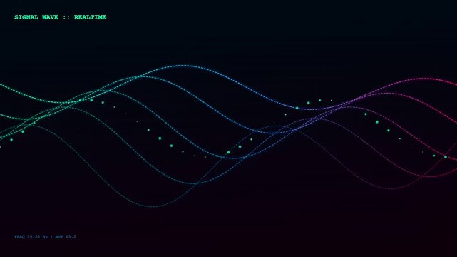 A sophisticated realtime data streaming visual display showing vibrant shifting luminous sine waves pulsing with glowing digital particles across a dark monochromatic screen for modern analysis