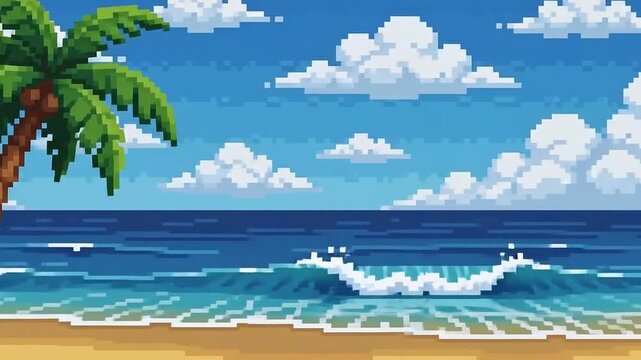 Pixel art style illustration of a tropical summer beach. A tall palm tree with coconuts grows on the warm sand, as calm blue sea waves gently crash under a sky full of white clouds