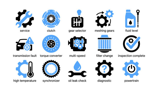 Automotive transmission and service icons arranged in grid