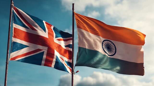 british flag waving next to indian flag in blue sky. relations great britain and india