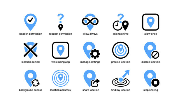 Location permission and sharing icons in grid on white