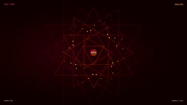 Complex realtime data streaming visualization featuring rotating geometric triangles and pulsating glowing light nodes set against a dark deep red atmosphere for modern digital interface designs