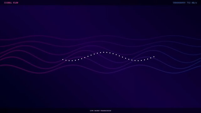 Abstract waves representing realtime data streaming flowing across digital screens as glowing light particles move in a sequence reflecting smooth signals and network connectivity patterns