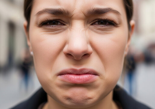 Woman with a disappointed expression looks directly at the camera on a blurred city street background. Lighting highlights her face.