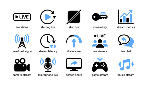 Live streaming icons and broadcast symbols on white background