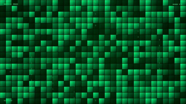 A vibrant realtime data streaming visualization features rows of flickering glowing square pixels with subtle binary code sequences displayed across a wide dark digital matrix display grid